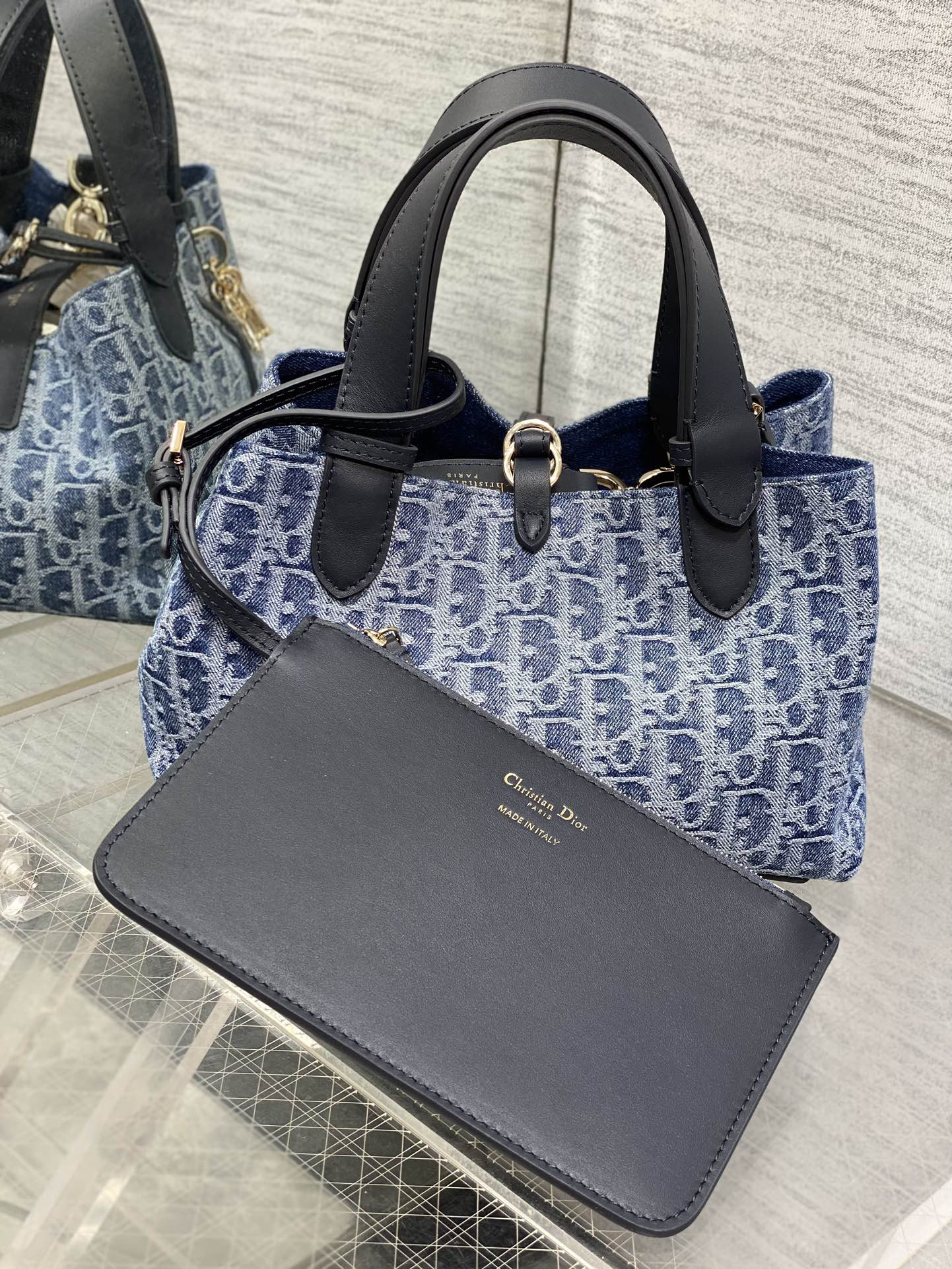 small D*or toujours bag  blue denim D*or oblique jacquard 23 x15 x15cm