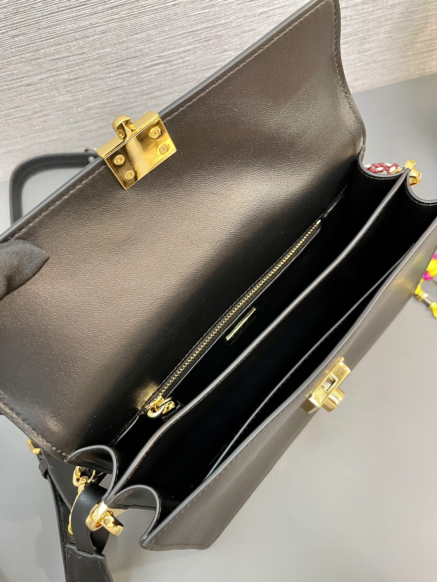 Pra*a soft sound small leather shoulder bag with charm 13.5x24x6cm
